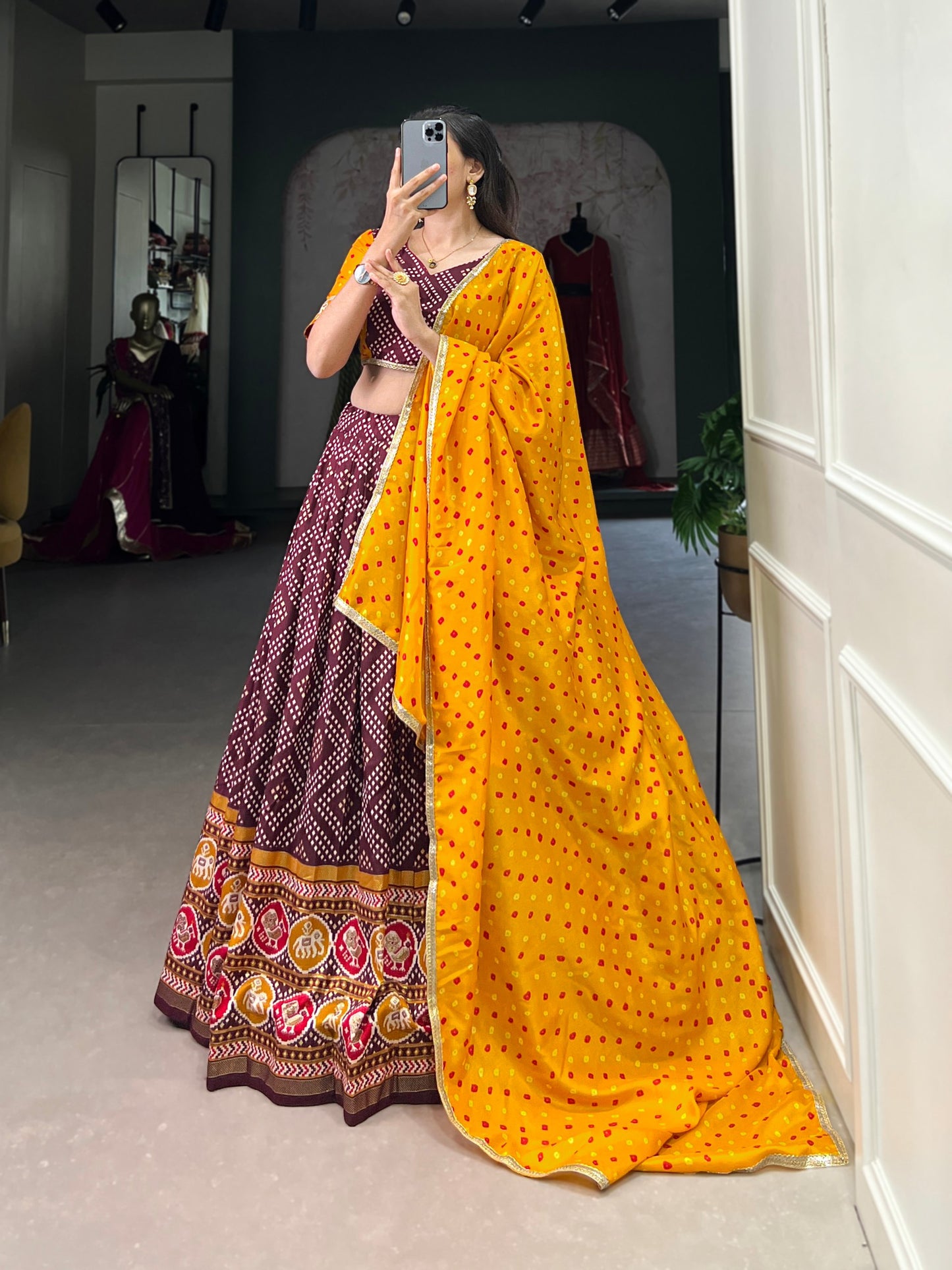 Wine Tussar Silk Bandhej And Patola Print With Foil Work Lehenga