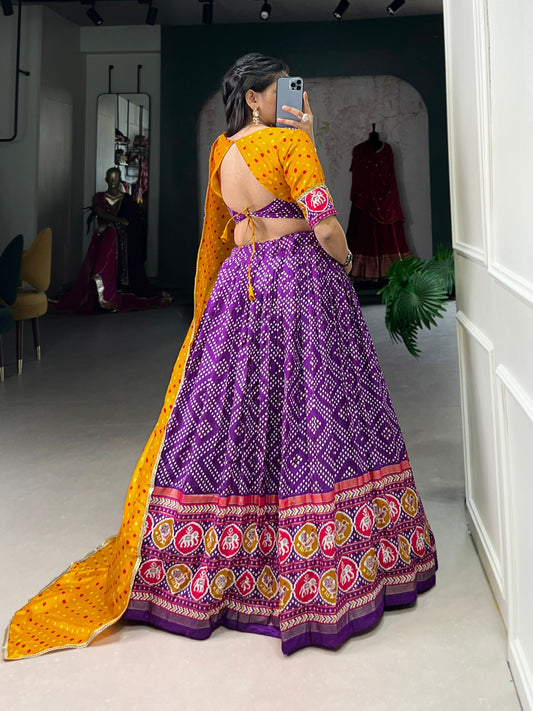 Purple Tussar Silk Bandhej And Patola Print With Foil Work Lehenga