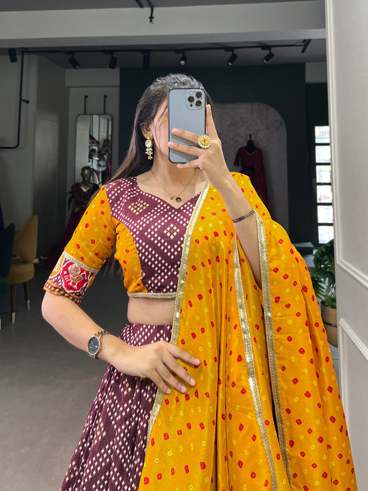 Wine Tussar Silk Bandhej And Patola Print With Foil Work Lehenga