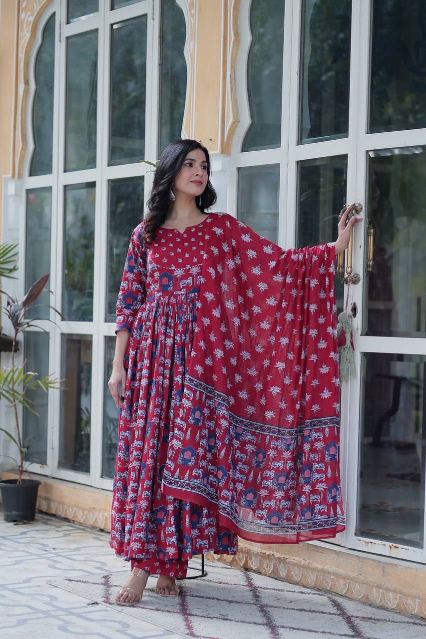Pink Pure Cotton Readymade Kurti With Pant Dupatta Set