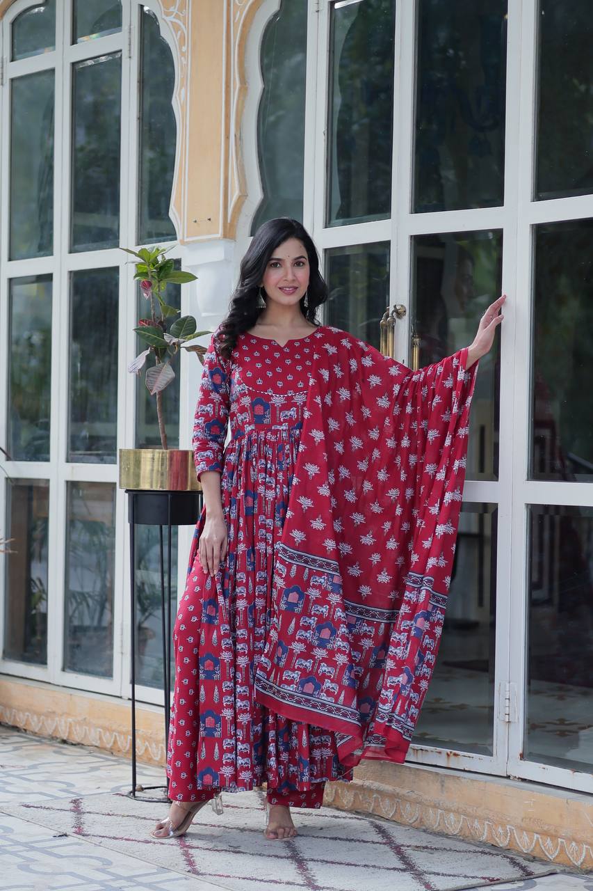 Pink Pure Cotton Readymade Kurti With Pant Dupatta Set