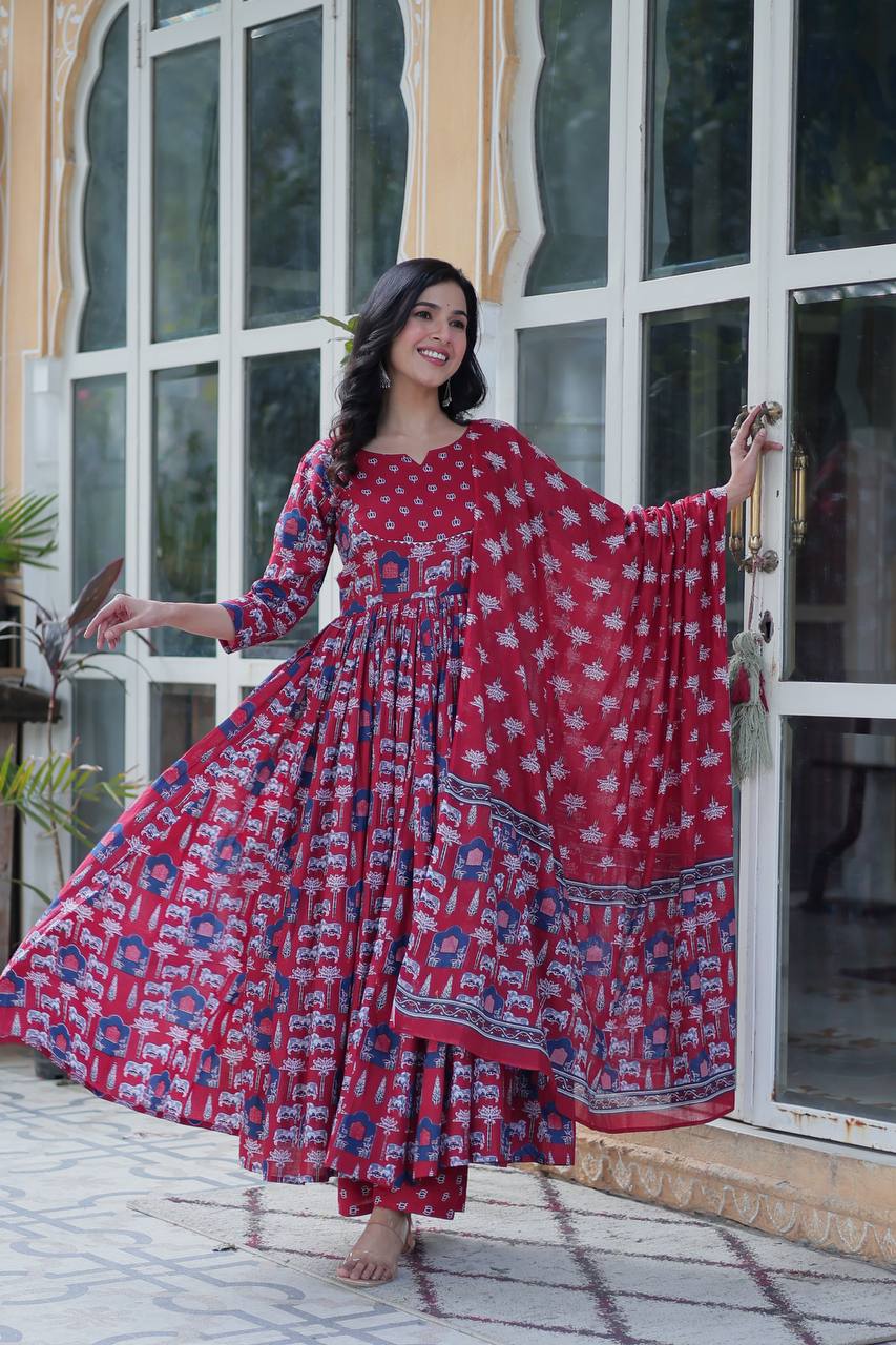 Pink Pure Cotton Readymade Kurti With Pant Dupatta Set