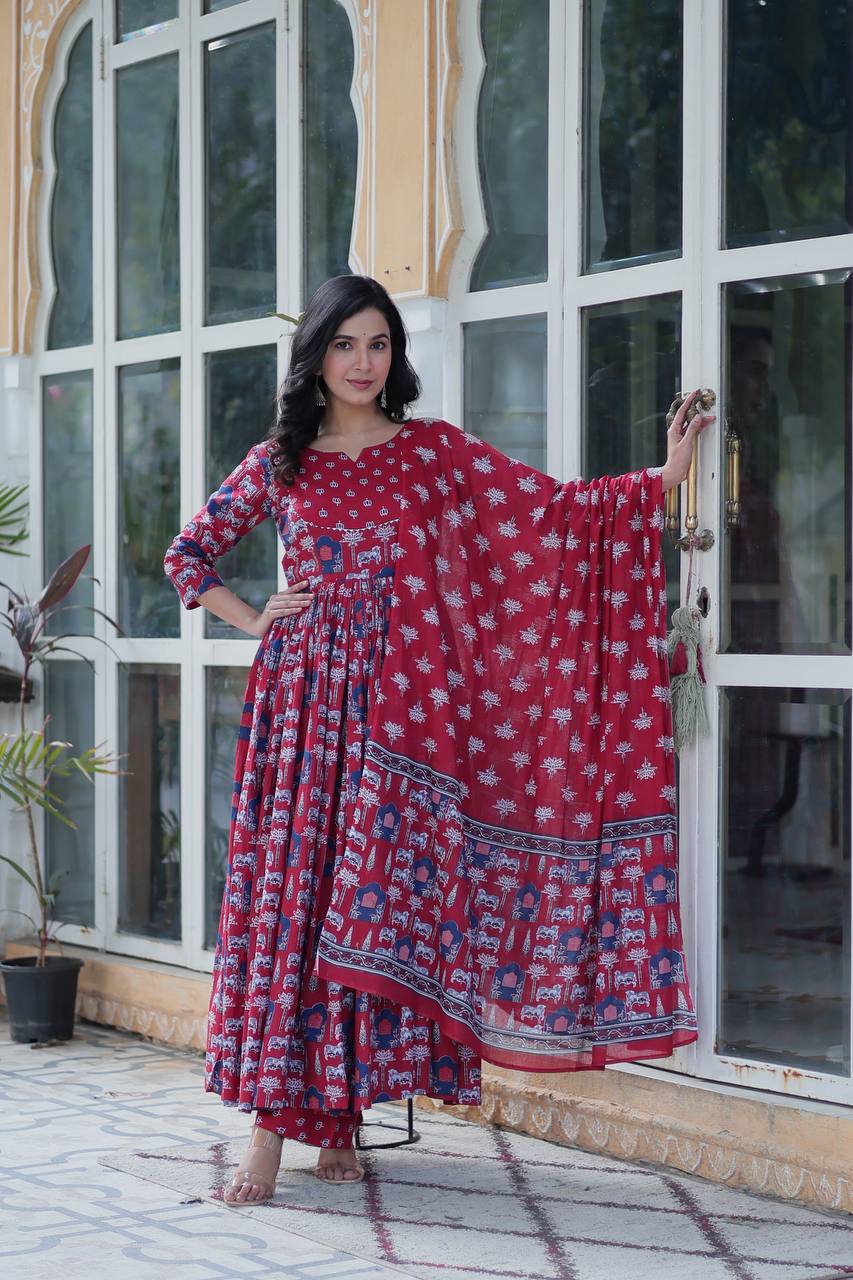 Pink Pure Cotton Readymade Kurti With Pant Dupatta Set