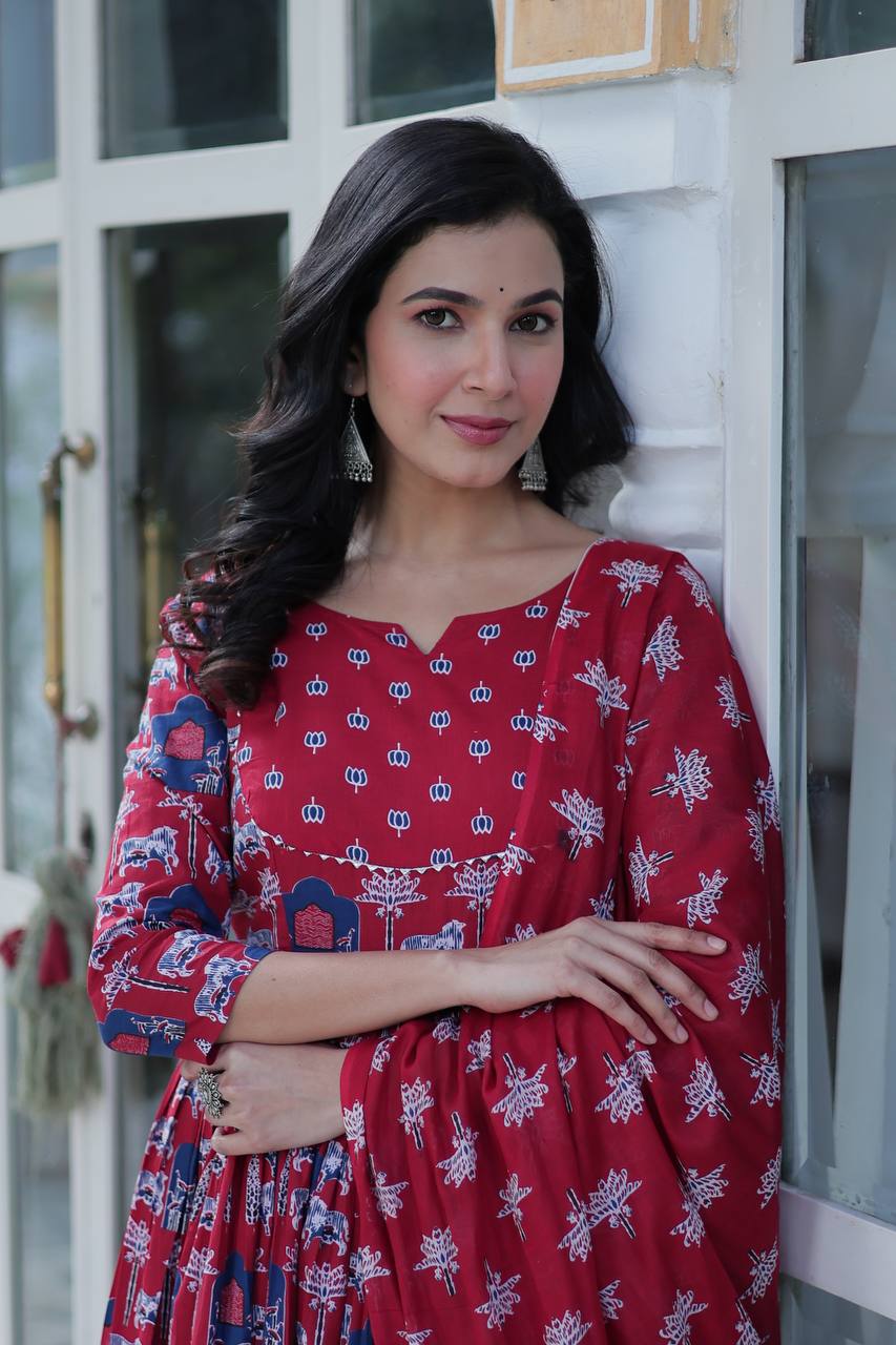 Pink Pure Cotton Readymade Kurti With Pant Dupatta Set