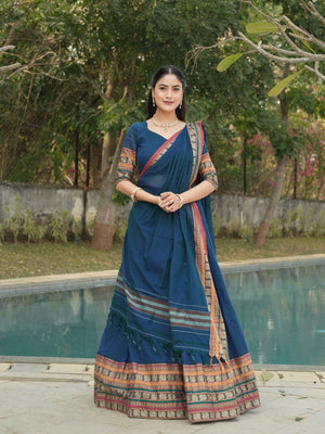 Peacock Rama Pure Cotton Hand Weaving Chanderi Cotton Lehenga with Broad Border by The Beauty Queen Surat