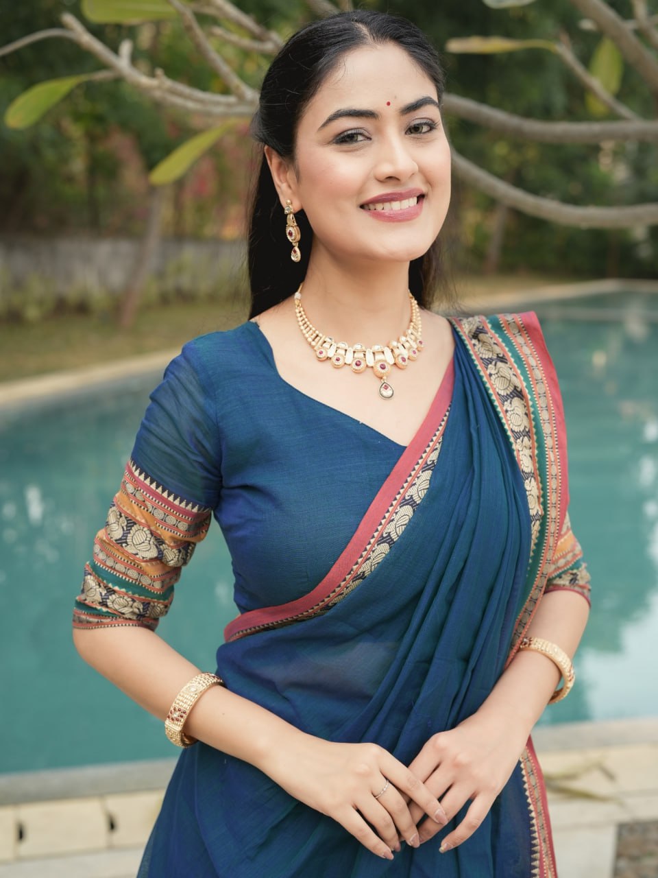 Peacock Rama Chanderi Cotton Lehenga – Hand Weaving with Traditional Broad Border
