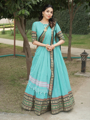Cyan Sky Pure Chanderi Cotton Hand Weaving Lehenga with Traditional Broad Border by The Beauty Queen Surat