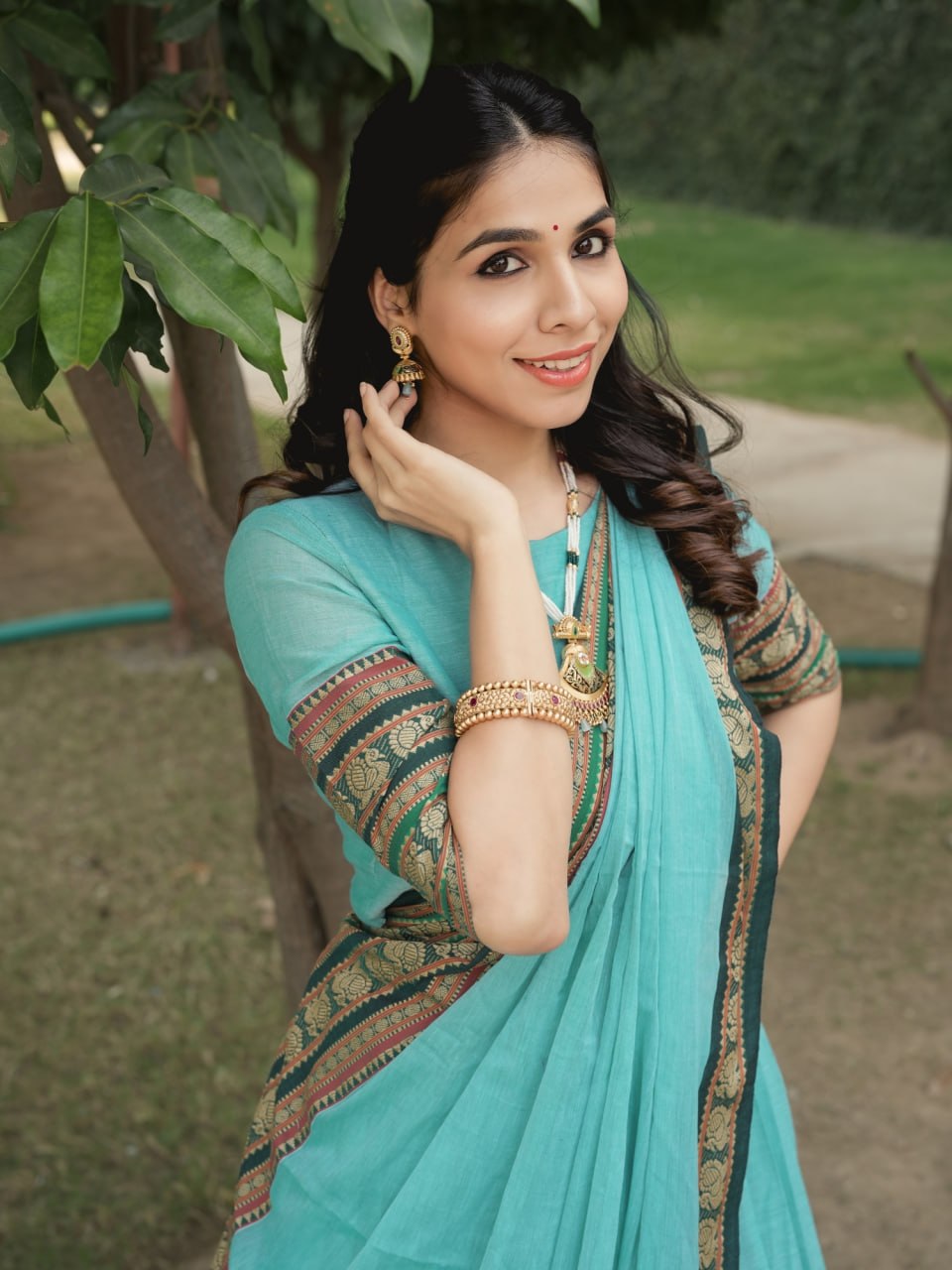 Cyan Sky Chanderi Cotton Lehenga – Hand Weaving with Traditional Broad Border