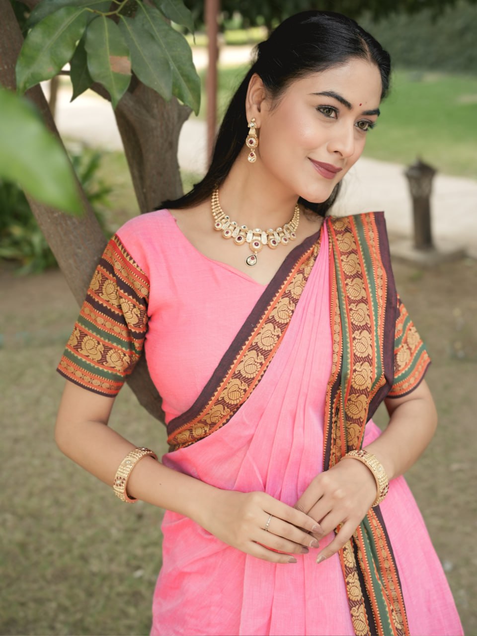 Classic Pink Chanderi Cotton Lehenga – Hand Weaving with Traditional Broad Border