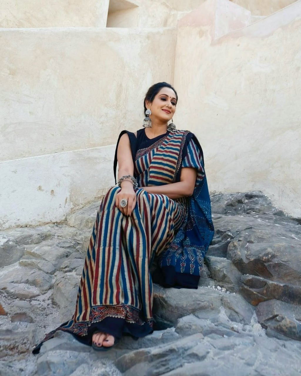Black Semi Gajji Ajrakh Rich Pallu With Contrast Blouse Saree
