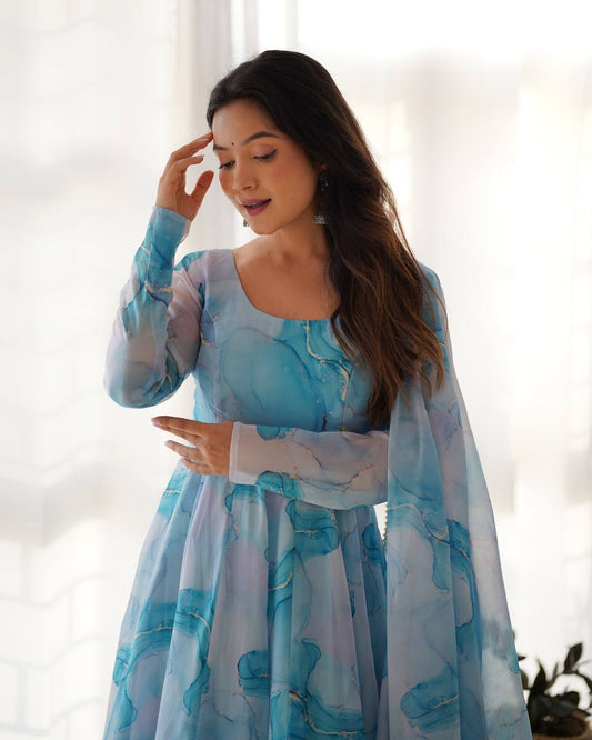 Sky Blue Heavy Pure Soft Organza Silk Marble Print Salwar Suit