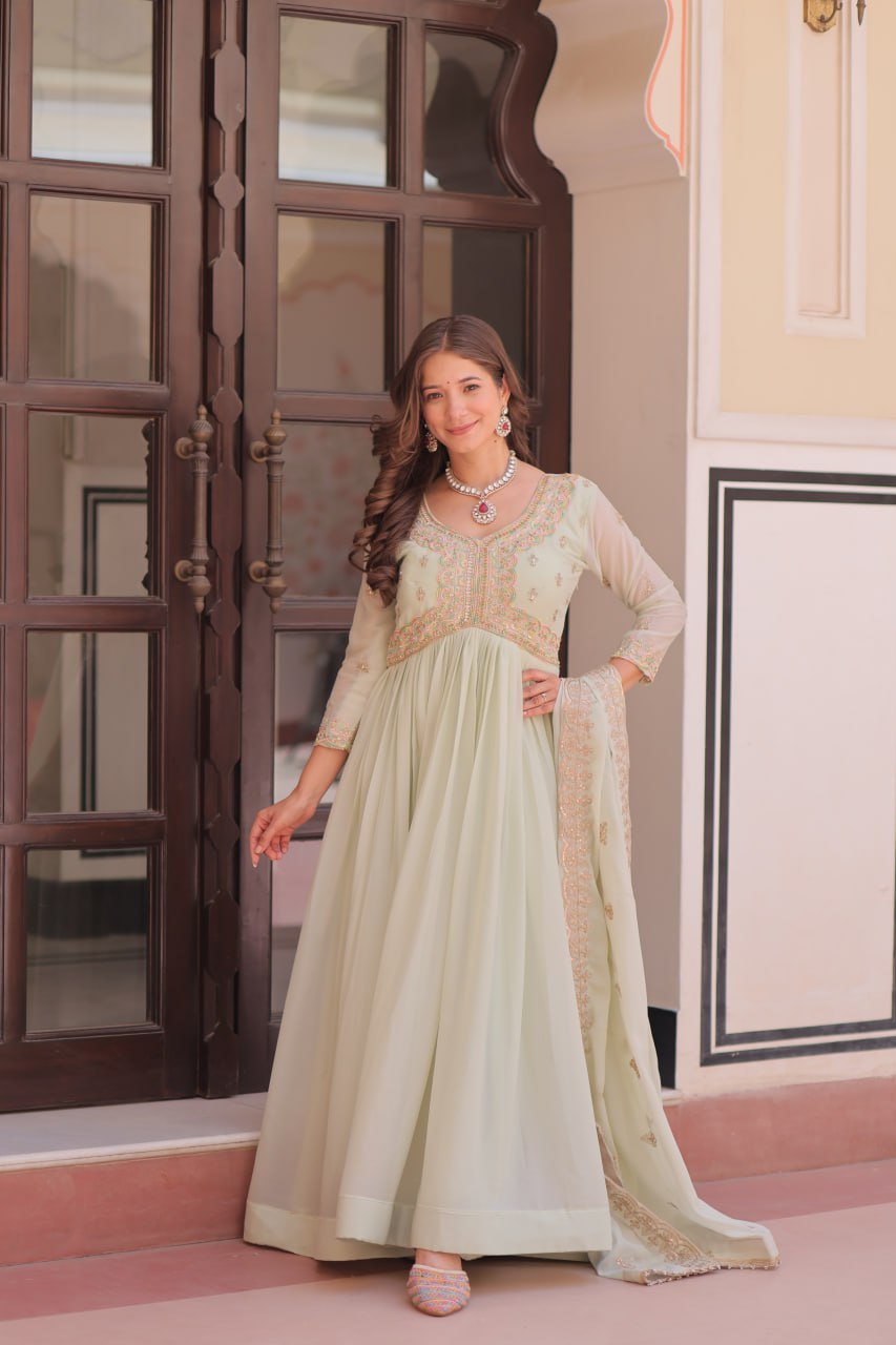 Pista Georgette Sequins Multi Embroidered Work Gown
