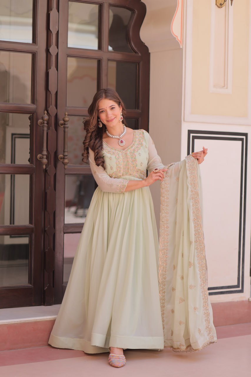 Pista Georgette Sequins Multi Embroidered Work Gown