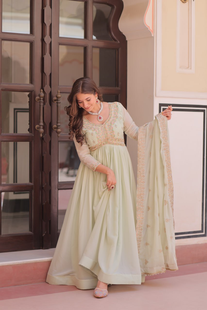 Pista Georgette Sequins Multi Embroidered Work Gown