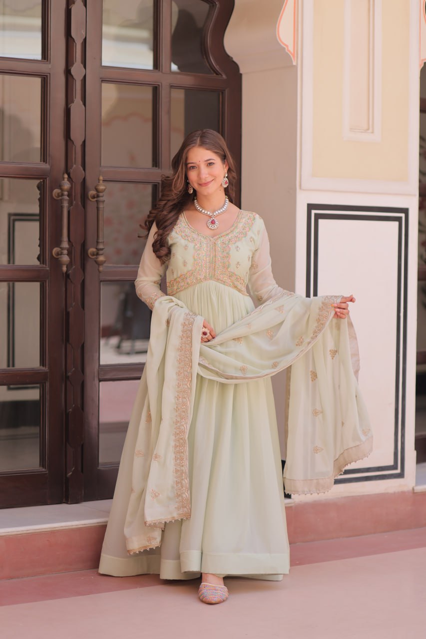 Pista Georgette Sequins Multi Embroidered Work Gown