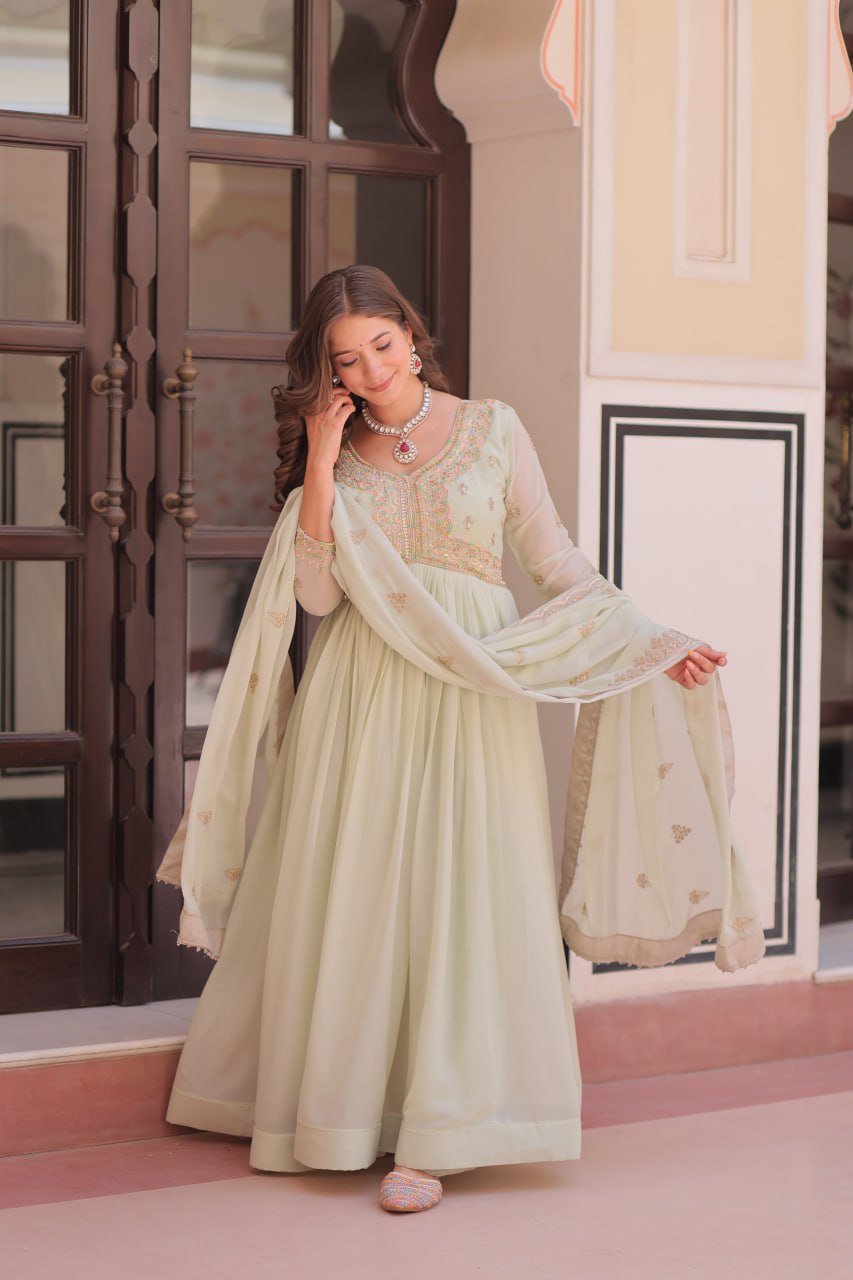 Pista Georgette Sequins Multi Embroidered Work Gown