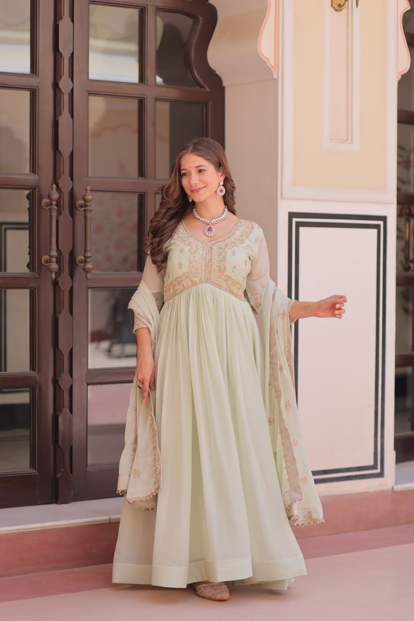Pista Georgette Sequins Multi Embroidered Work Gown