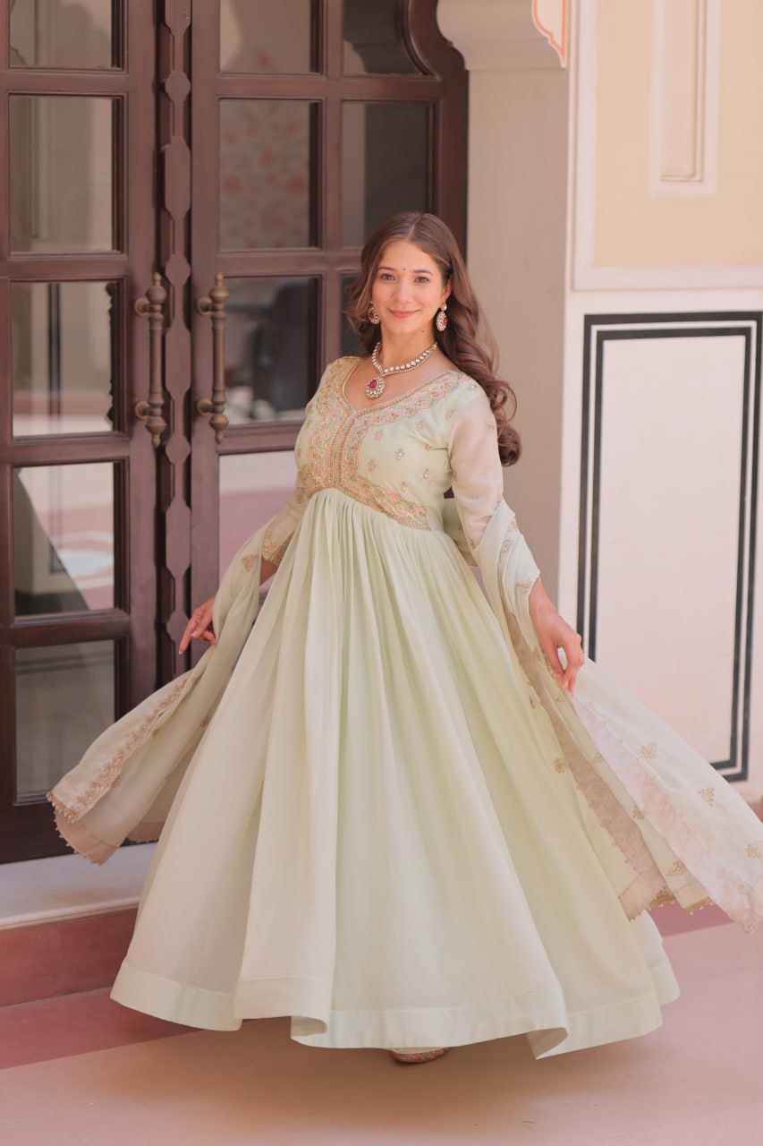 Pista Georgette Sequins Multi Embroidered Work Gown