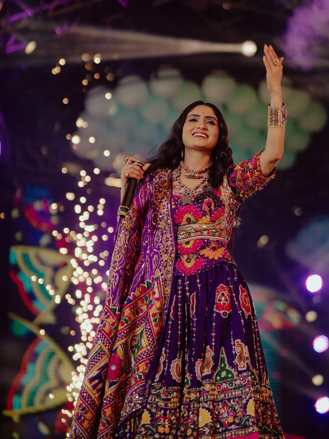 Royal Purple Heavy Muslin Cotton Navratri Lehenga Choli with Vibrant Digital Print & Real Mirror Work