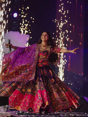 Royal Purple heavy muslin cotton Navratri lehenga choli featuring vibrant Gujarati digital prints, real mirror work embellishments, and a matching printed dupatta