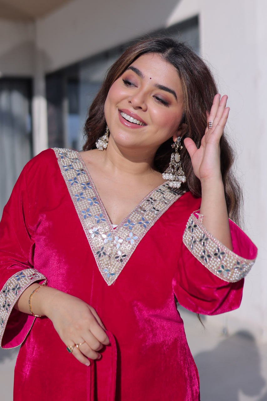 Rani Pink Velvet With Rich Zari Embroidered And Real Mirror Work Suit