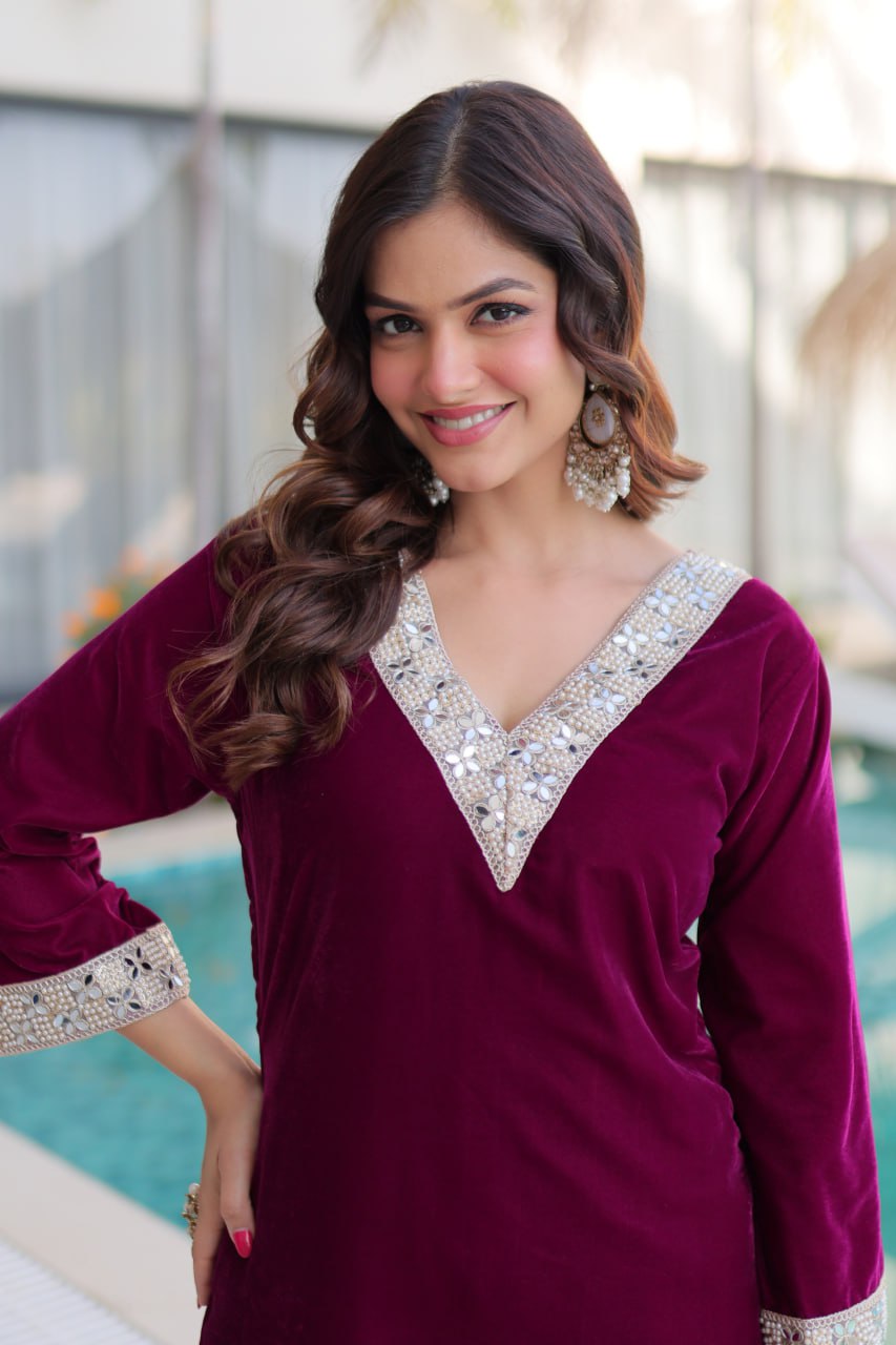 Wine Velvet With Rich Zari Embroidered And Real Mirror Work Suit