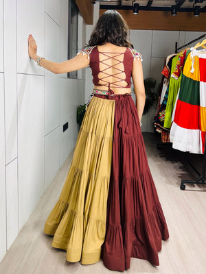 Navratri lehenga brown beige frill with kodi shell tassels and Kutchi embroidery