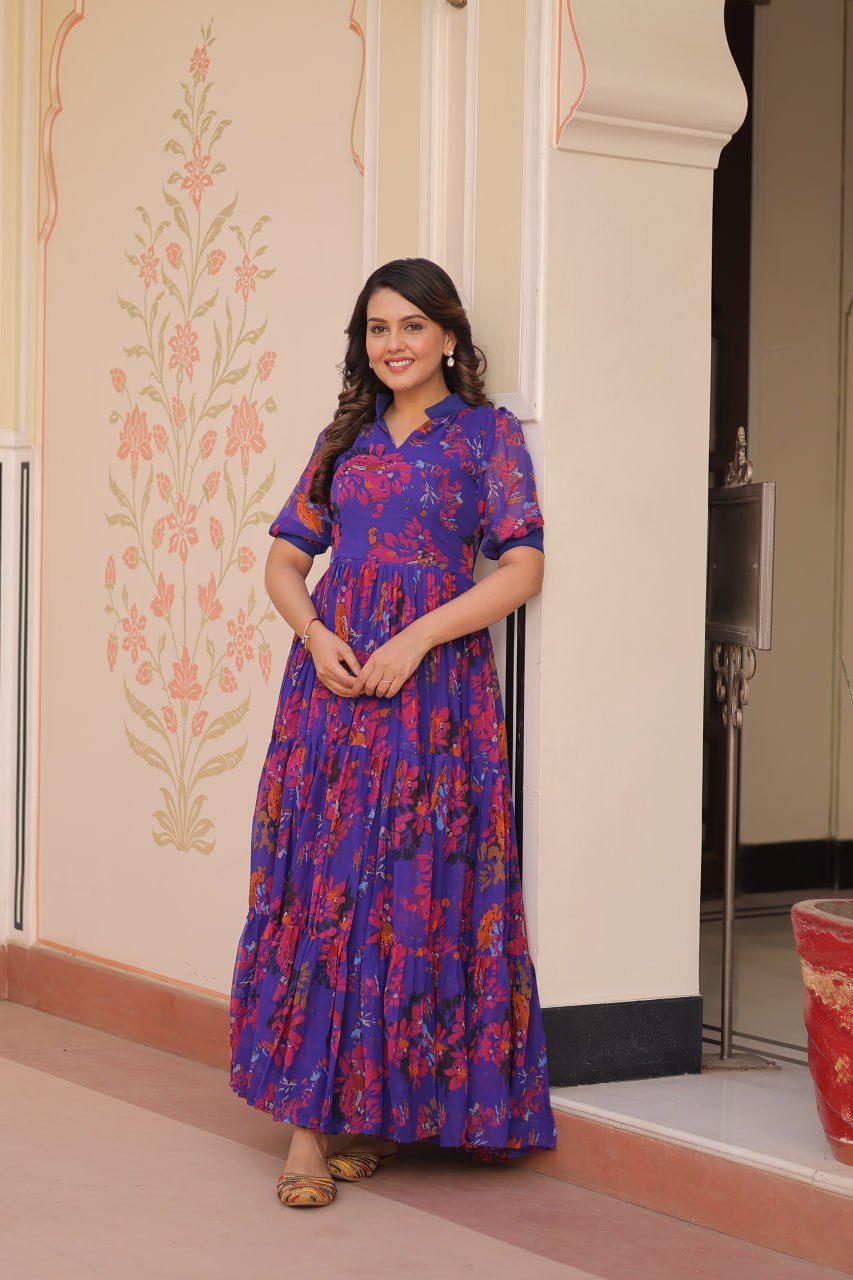 Blue Faux Georgette With Print Half Sleeves Gown