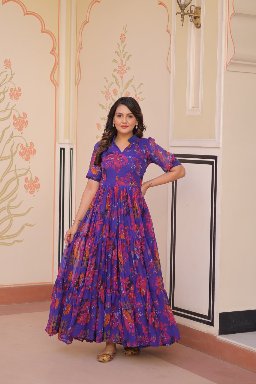 Blue Faux Georgette With Print Half Sleeves Gown