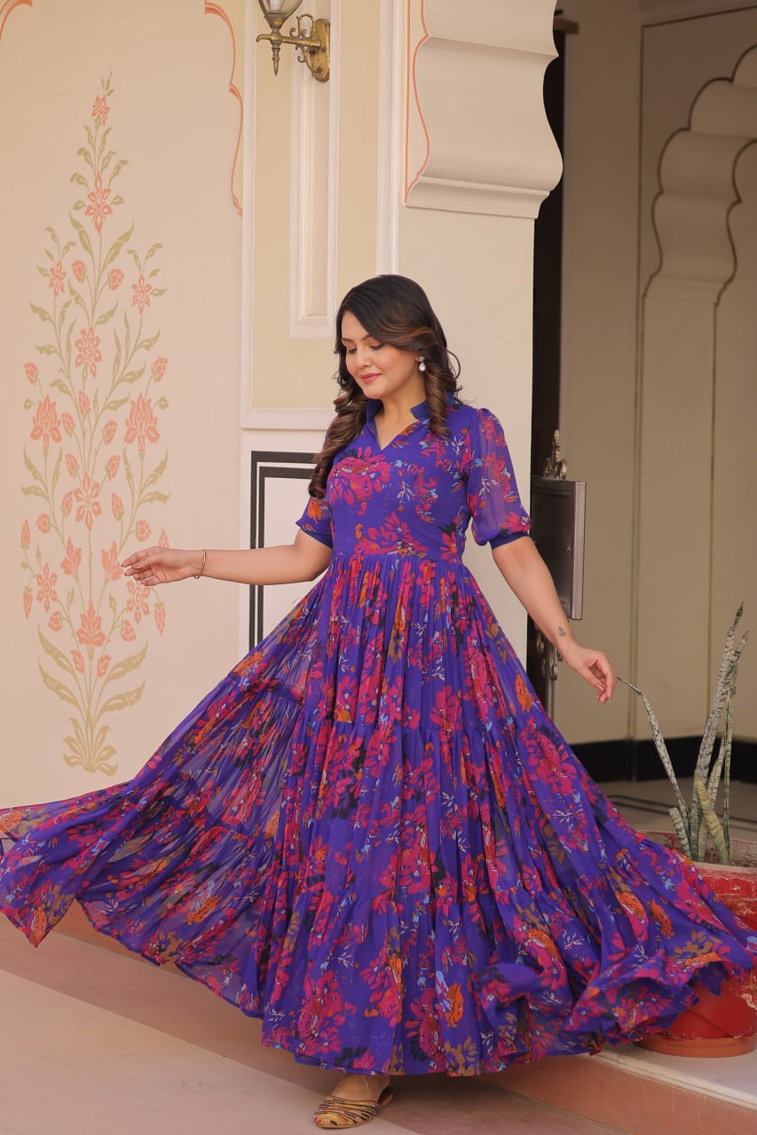 Blue Faux Georgette With Print Half Sleeves Gown