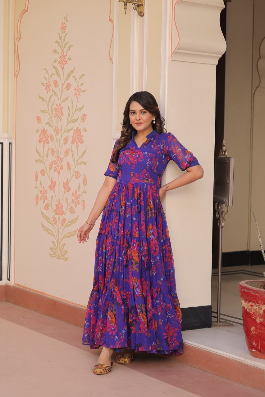 Blue Faux Georgette With Print Half Sleeves Gown