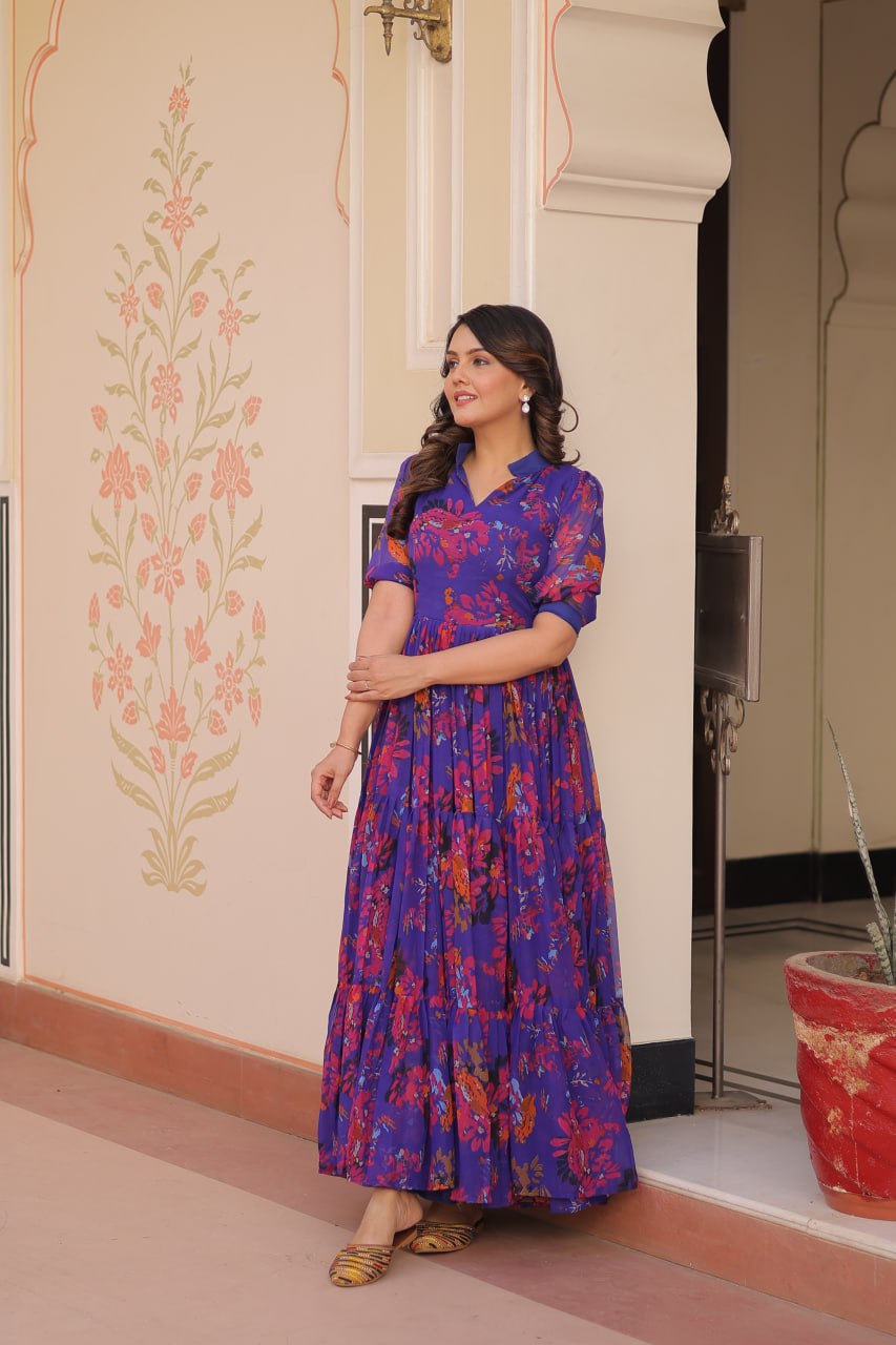 Blue Faux Georgette With Print Half Sleeves Gown