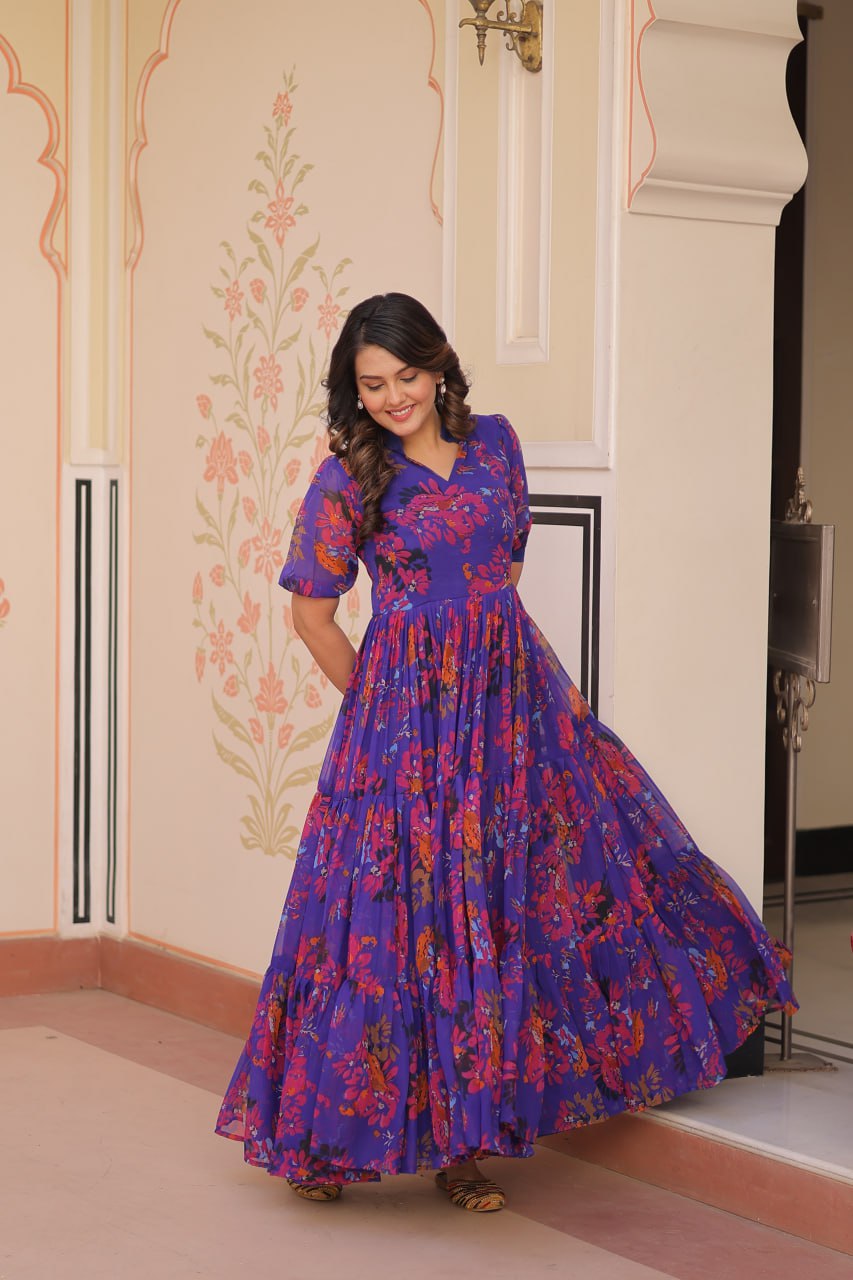 Blue Faux Georgette With Print Half Sleeves Gown