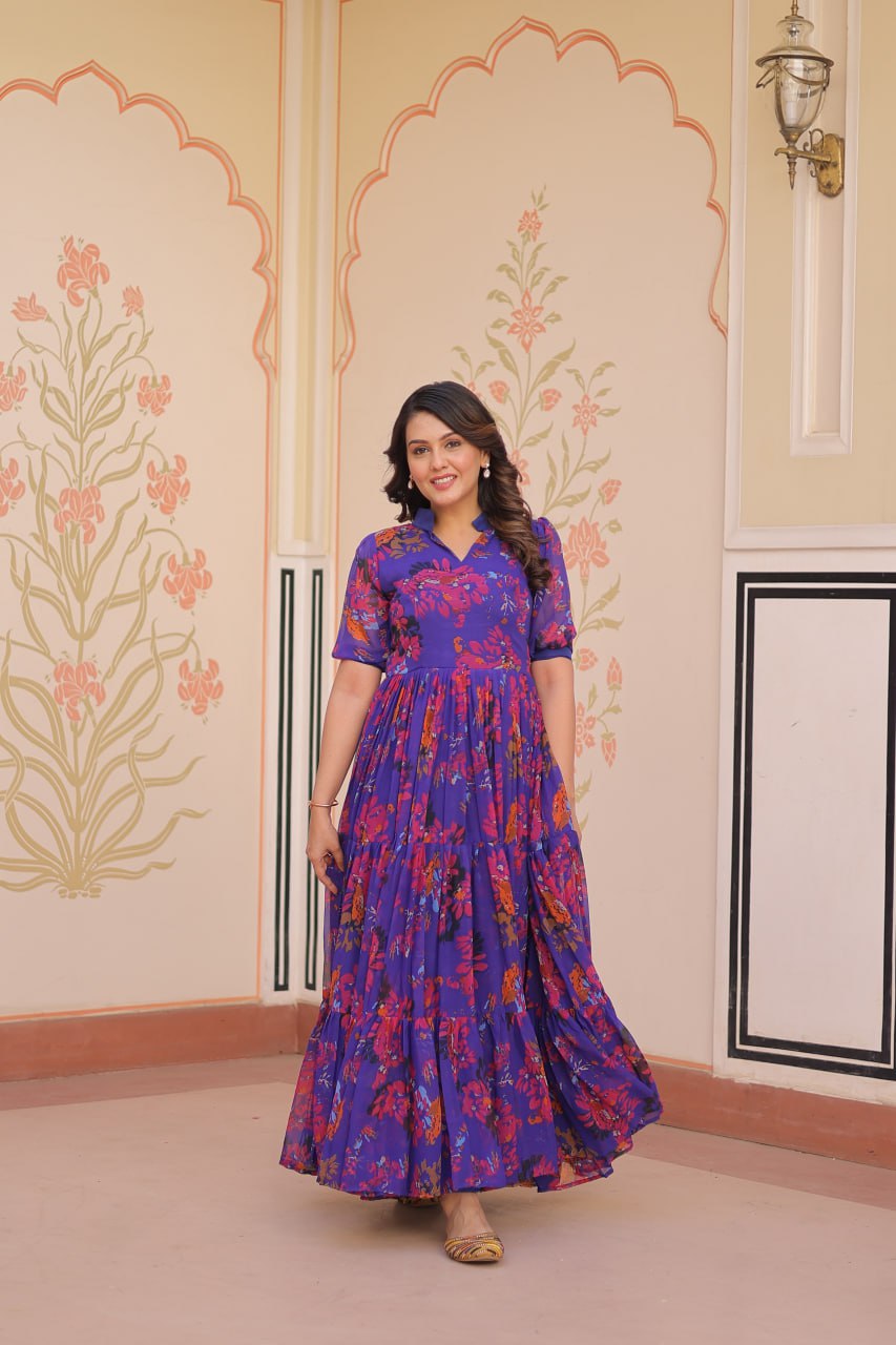Blue Faux Georgette With Print Half Sleeves Gown