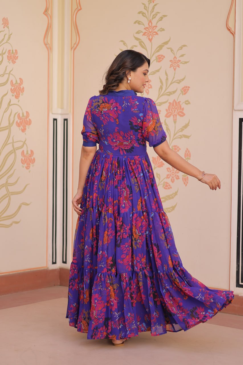 Blue Faux Georgette With Print Half Sleeves Gown