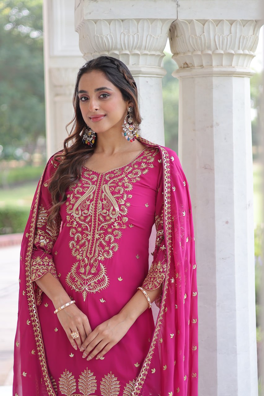 Pink Faux Blooming With Embroidered Work Salwar Suit