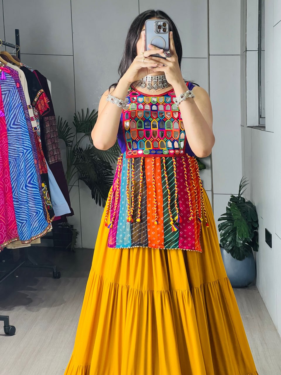 Mustard Yellow Pure Rayon Cotton Tiered Frilled Flairy Navratri Lehenga Choli Set