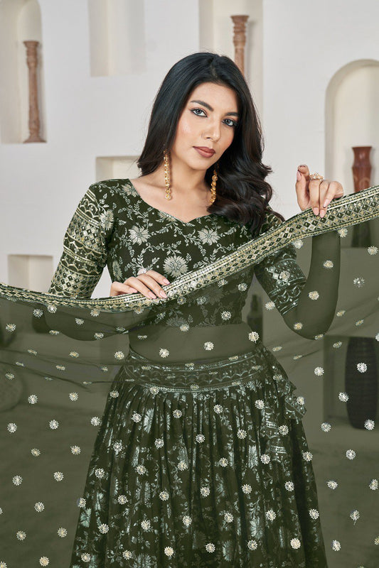 Mehandi Dola Jacquard Zari And Sequins Embroidered Wedding Lehenga