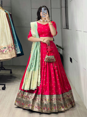 Royal Pista Green Paithani Silk Lehenga with Floral Zari Weaving and Contrast Border by The Beauty Queen Surat