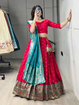 Royal Firozi Paithani Silk Lehenga with Floral Zari Weaving and Contrast Border by The Beauty Queen Surat