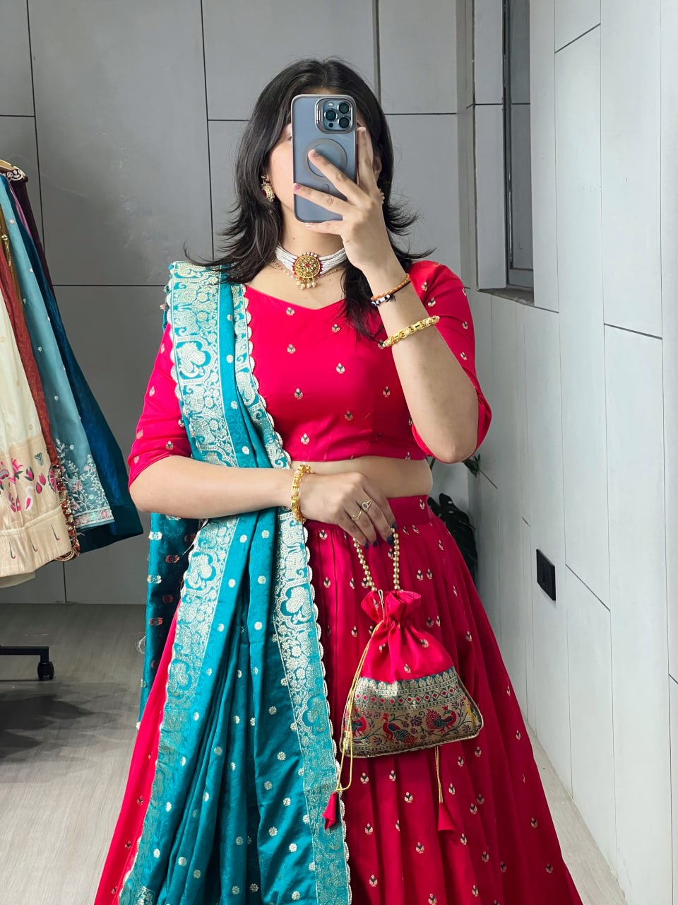 Firozi Paithani Silk Lehenga with Floral Zari Weaving & Traditional Contrast Border