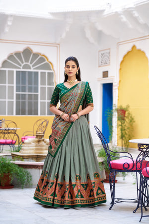 Green Tasar Silk Printed Lehenga Choli with Sparkle Work by The Beauty Queen