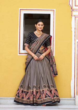 Black Tasar Silk Printed Lehenga with Iconic Sparkle Work by The Beauty Queen