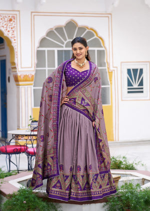 Purple Tasar Silk Printed Lehenga with Iconic Sparkle Work by The Beauty Queen