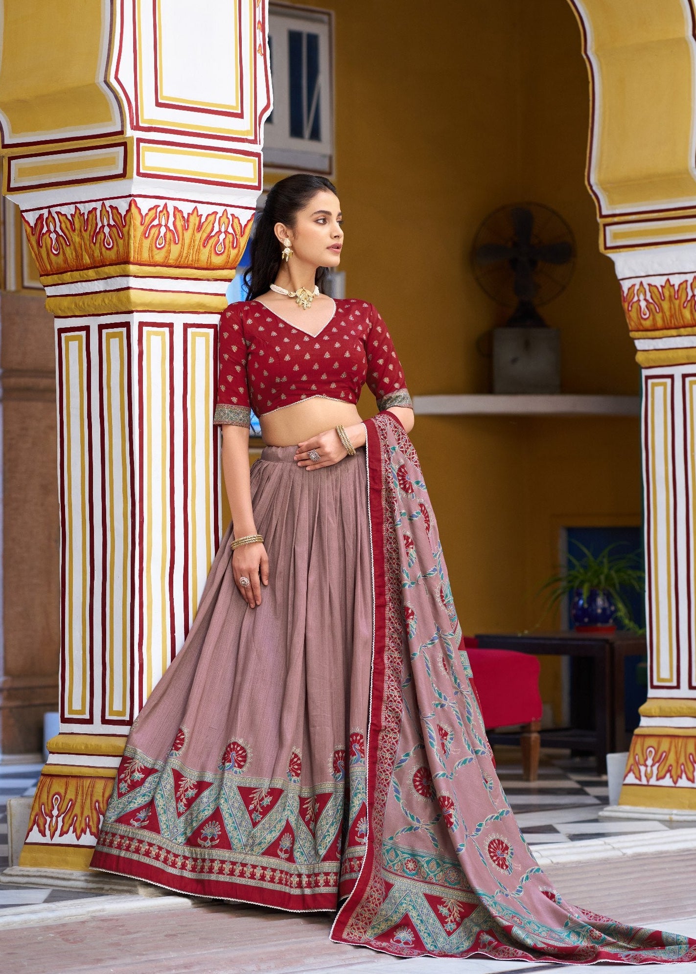 Maroon Tasar Silk Printed Lehenga Choli with Iconic Sparkle & Lace Border