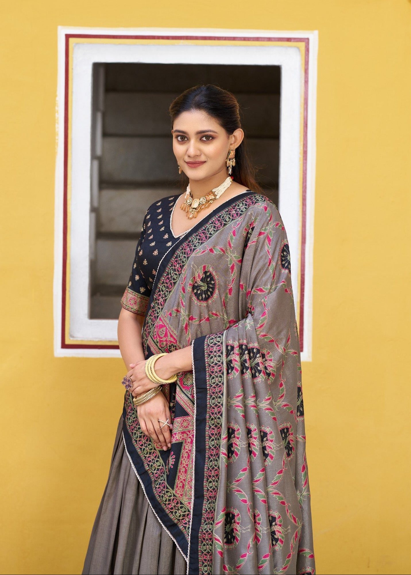 Black Tasar Silk Printed Lehenga Choli with Iconic Sparkle & Lace Border