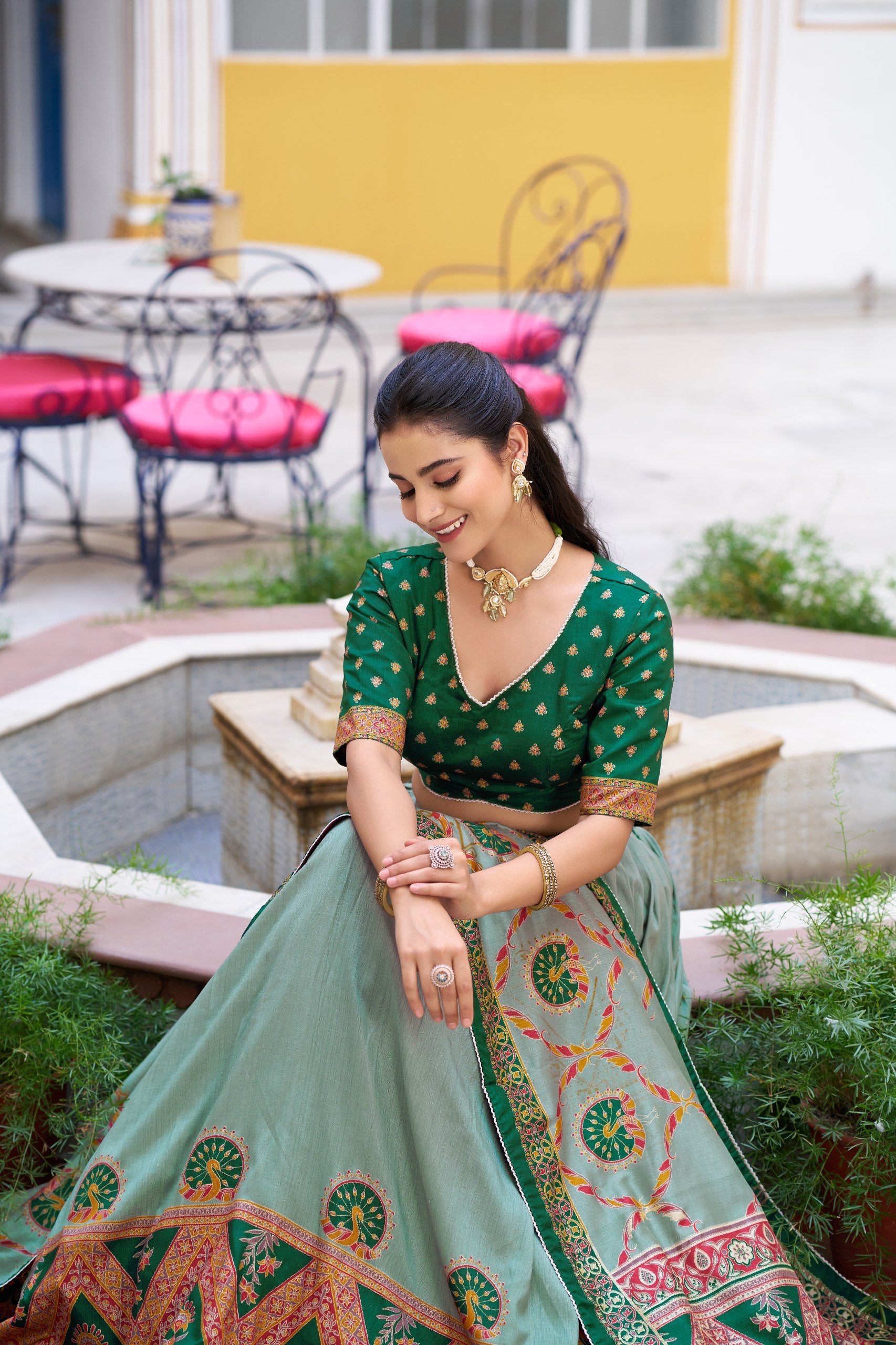 Green Tasar Silk Printed And Iconic Sparkle with Lace Border Printed Lehenga Choli