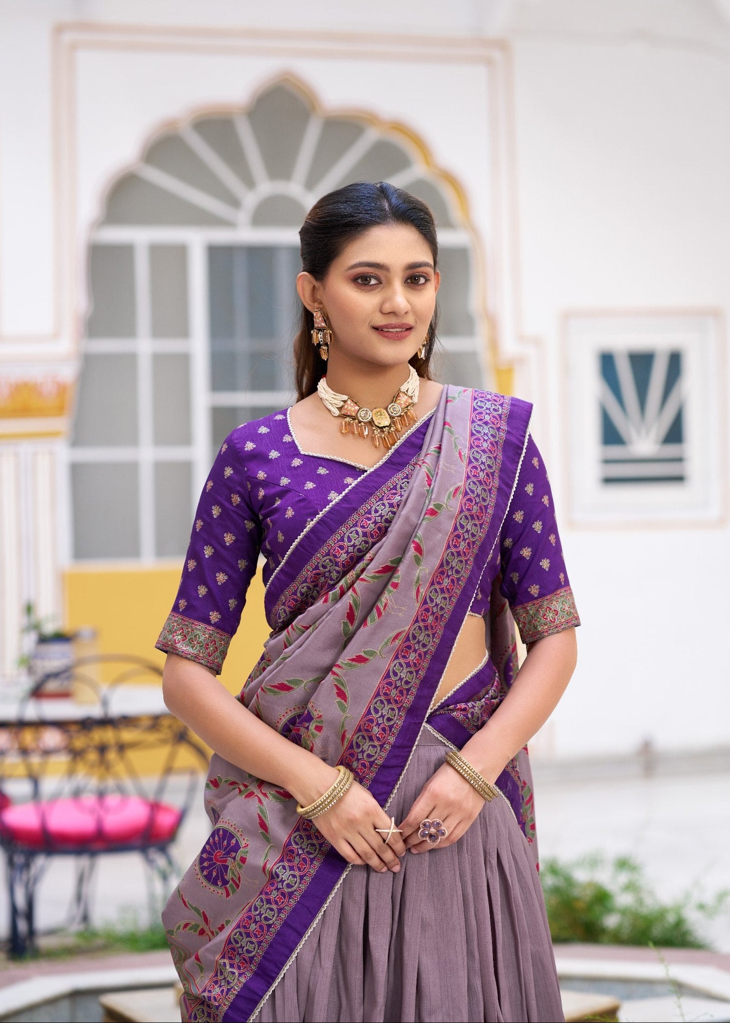 Purple Tasar Silk Printed Lehenga Choli with Iconic Sparkle & Lace Border