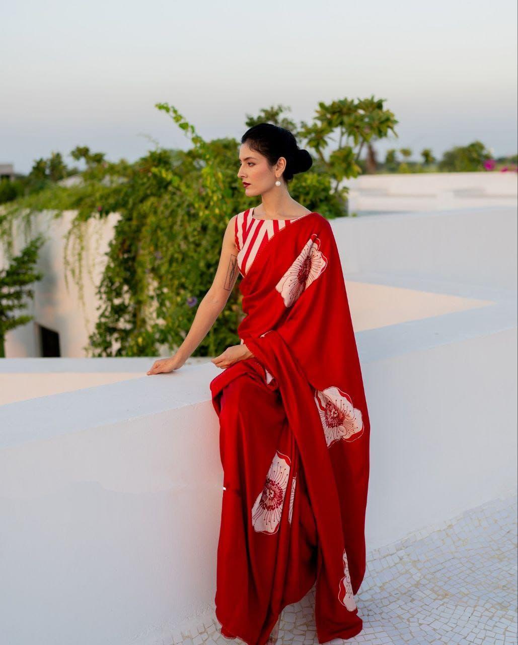 Red Semi Gajji Ajrakh Rich Pallu With Contrast Blouse Saree