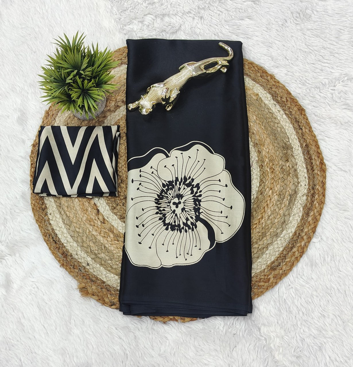 Black Semi Gajji Ajrakh Rich Pallu With Contrast Blouse Saree
